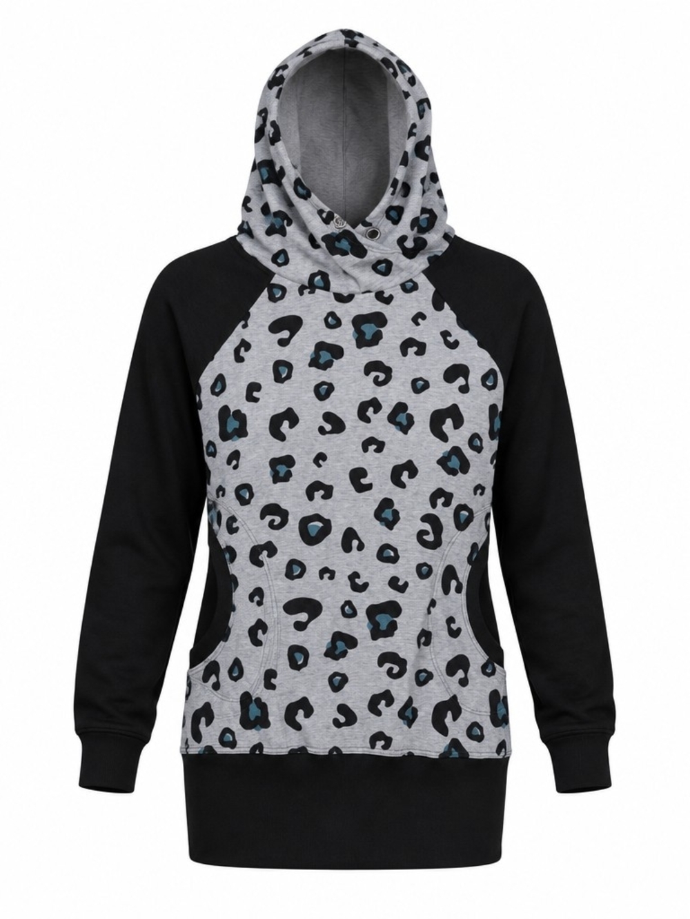Women's Gray Leopard/Black Color-blocked Raglan With Crossover Hoodie